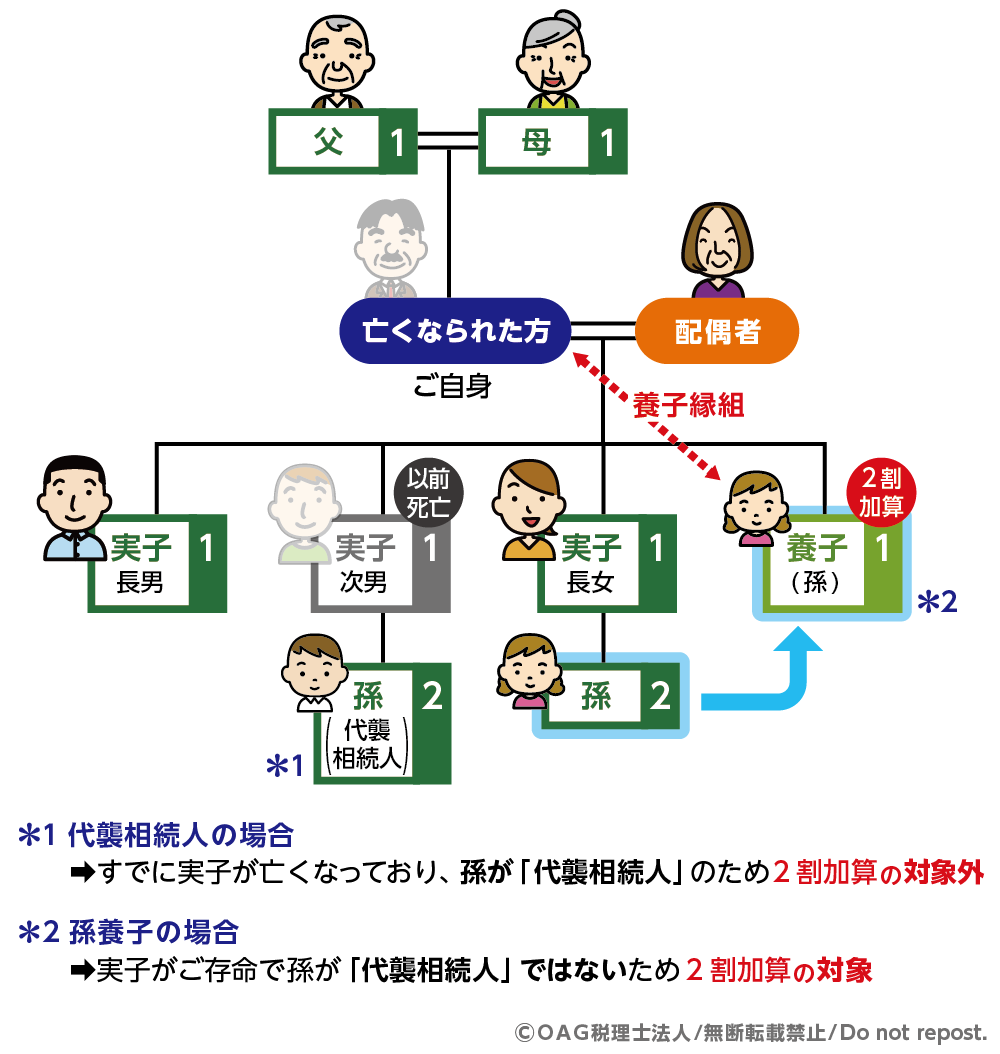 代襲相続人の孫と孫養子の2割加算の扱い
